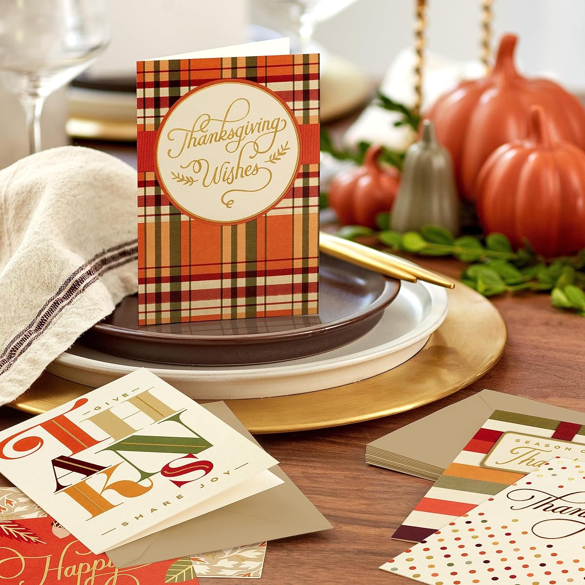 Hallmark Large Thanksgiving Card Assortment 72 Cards with Envelopes Striped Leaves Plaid Pattern