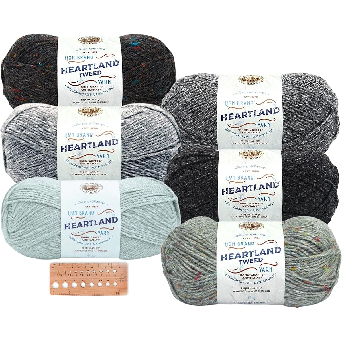 Lion Brand Yarn - Heartland - 6 Skeins Assortment with Needle Gauge (Salt & Pepper)