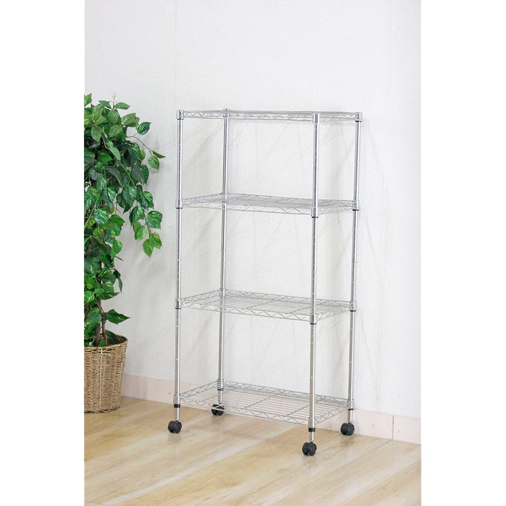 Fuji Boeki 91786 Metal Rack 4 Tiers Width 60 x Depth 35 x Height 122.5cm Chrome Steel Rack Pole Diameter 19mm Casters Included