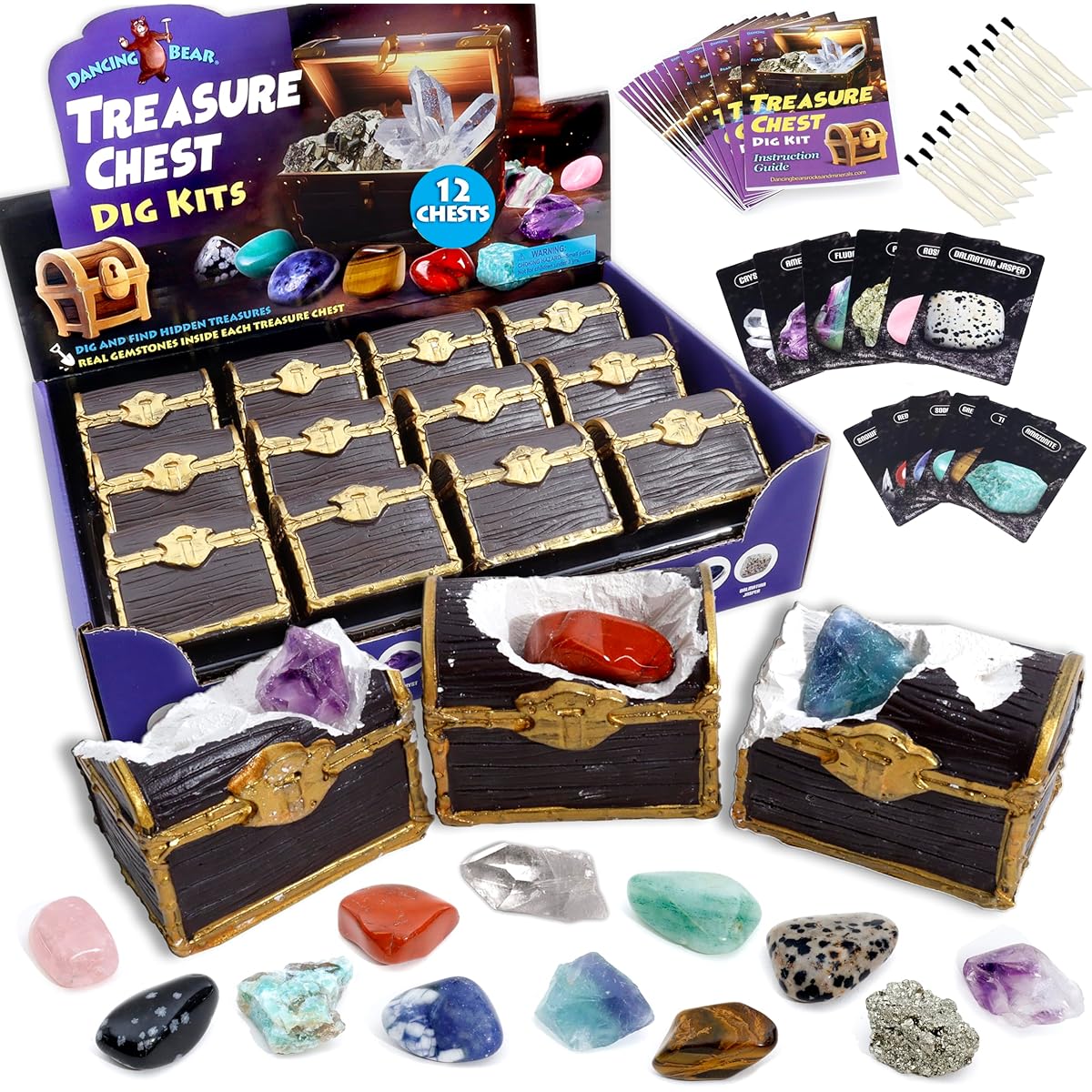 DANCING BEAR Treasure Chest Dig Kit Party Pack, Unearth 12 Surprise Real Gems and Crystals, STEM Education, Fun Pirate Rock Hunt, Science Activity Gift Set for Girls and Boys