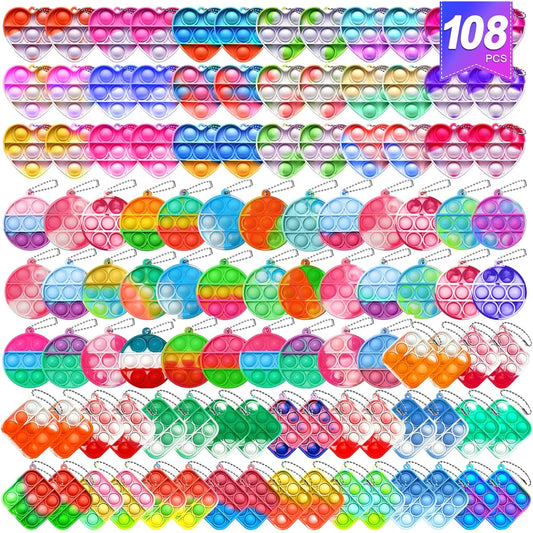 Amicbng Christmas Mini Pop Keychains Fidget Toys, 108pcs 3 Shape Pop Fidget Toys Party Favors Kids Toys Fidget Packs Sensory Toys Stress Toys Party Gifts Push Mini Pop It Keychains Bulk