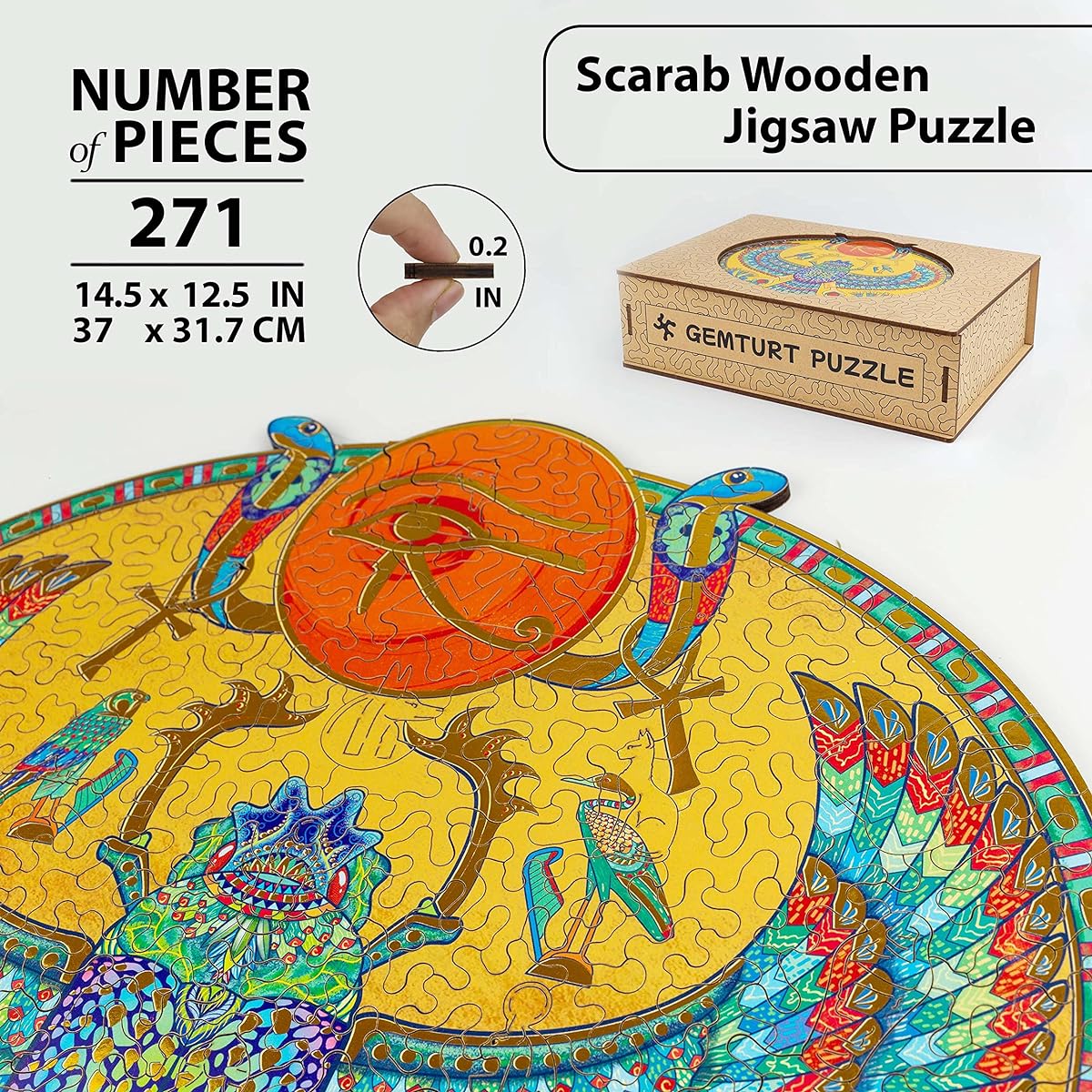 GEMTURT Scarab Wooden Jigsaw Puzzle 271 Piece Challenge Game for Adults 14.5" x 12.5" Unique Shape