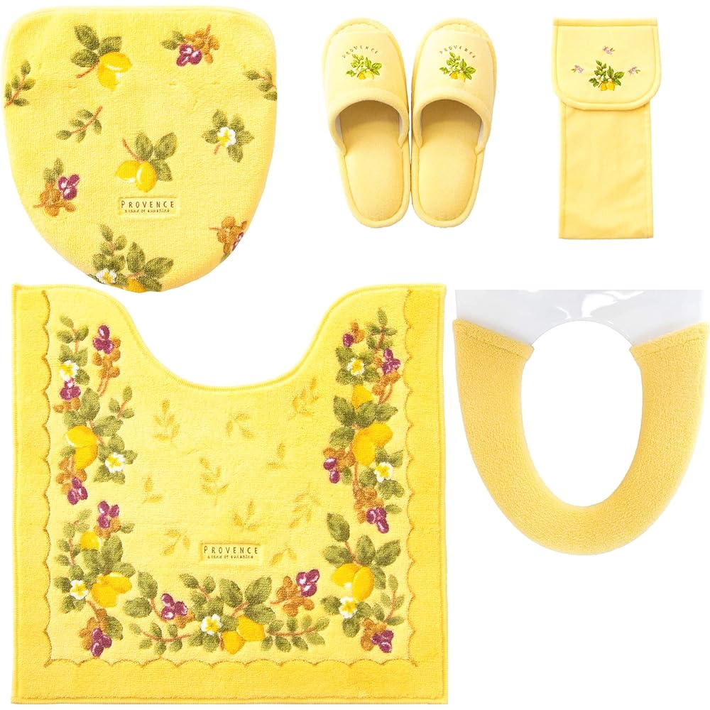 Pro Vider Provence Toilet Mat 5-piece Set Scandinavian (58 x 60cm Toilet Mat + Washing and Heating Type Toilet Seat Cover + Common Lid Cover + Slippers + Paper Holder Cover) Yellow