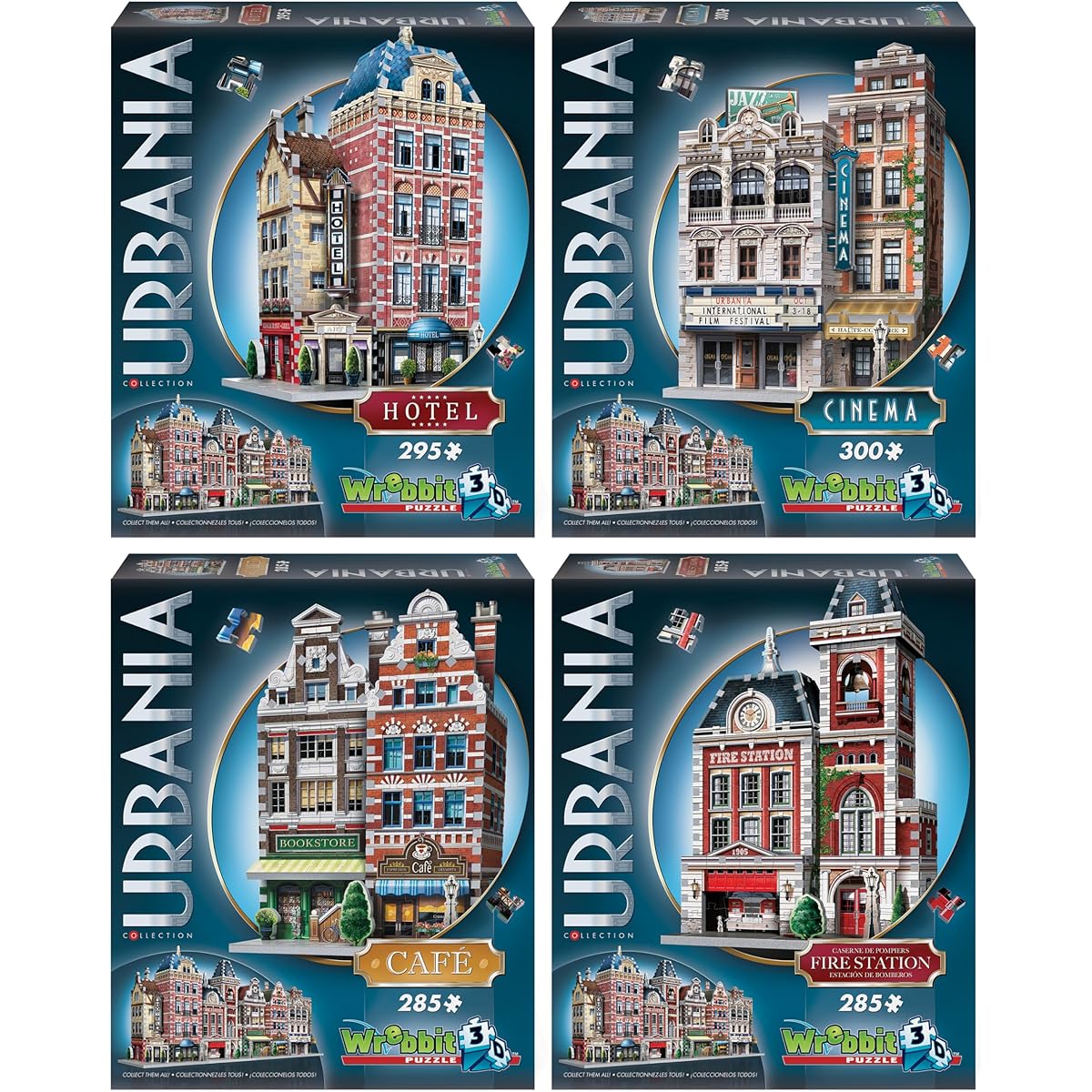 Wrebbit 3D Puzzle, Urbania Collection 4 Piece Set - Cinema, Fire Station, Cafe, Hotel 3D Jigsaw Puzzle. (Total 1165 Pieces)