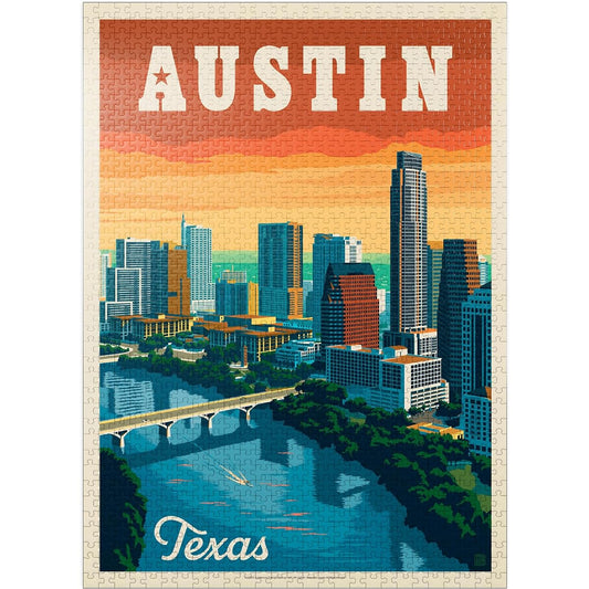 Austin, Texas: Skyline Vintage Poster - Premium 1000 Piece Jigsaw Puzzle for Adults