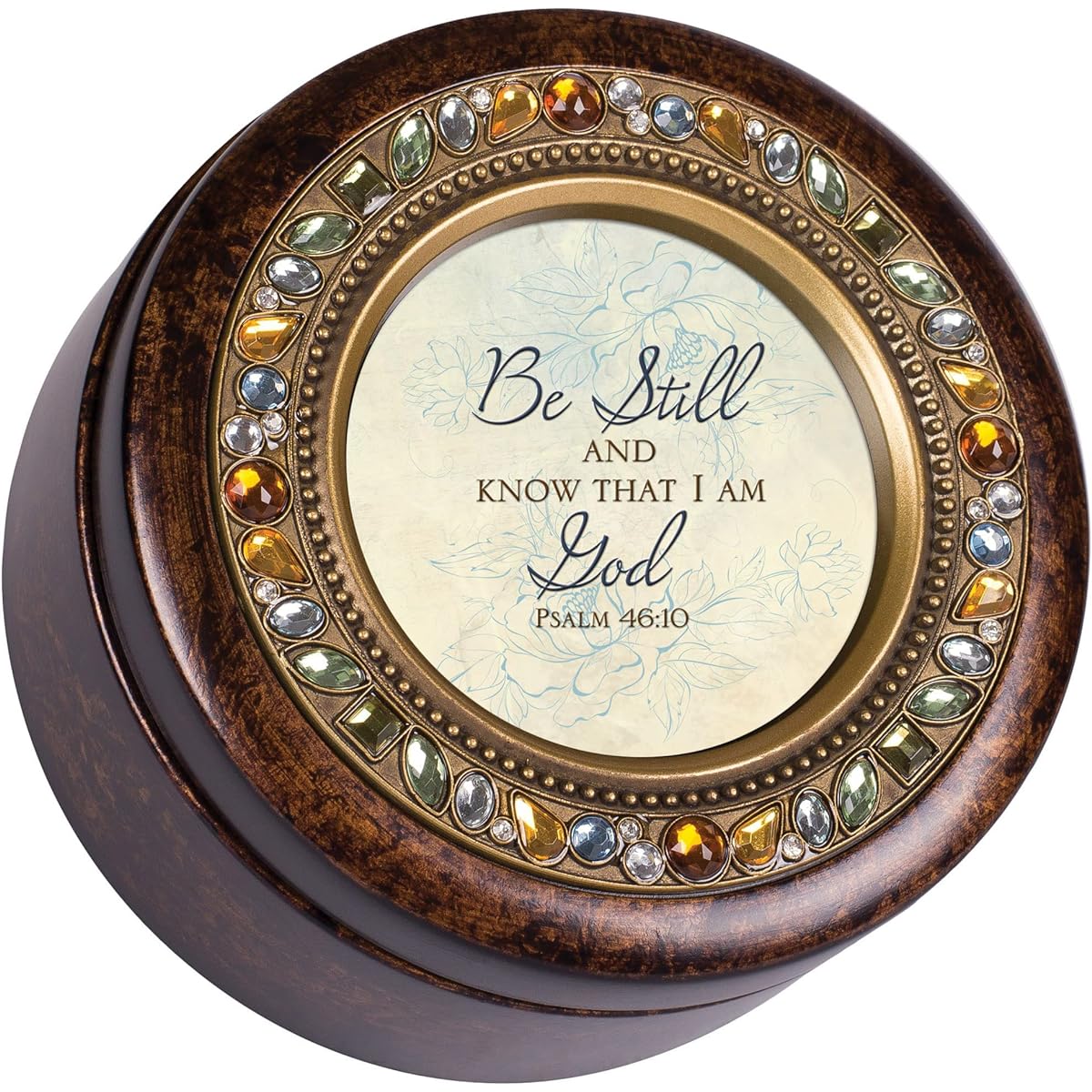 Be Still And Know I am God Burlwood Finish Round Jewelled Music Box Plays Tune How Great Thou Art