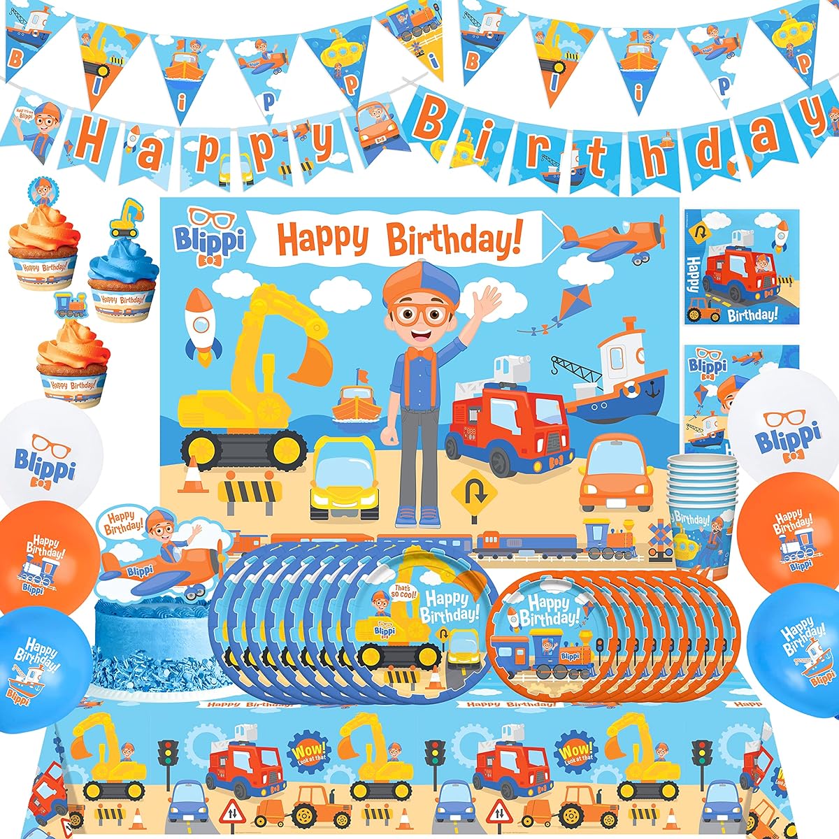 Treasures Blippi Birthday Party Supplies - Serves 24 - Blippi Vehicle Party Supplies - Blippi Birthday Decorations, Blippi Cake Topper, Blippi Balloons, Banner and More