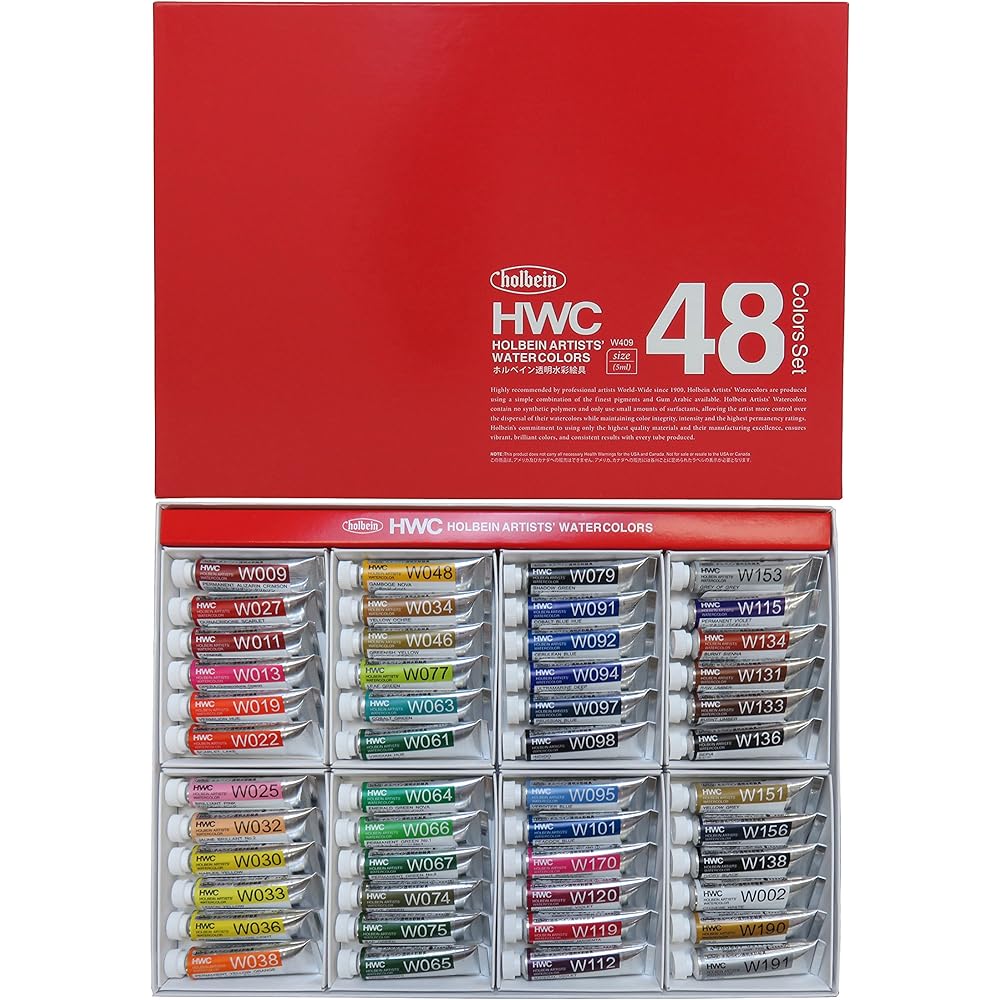 Holbein Transparent Watercolor Paints 48 Colors Set W409 5ml (No. 2) 003409 & Holbein Paint Brush Set [9] Watercolor Brush (Horse Hair) Set of 5 [Set Purchase]
