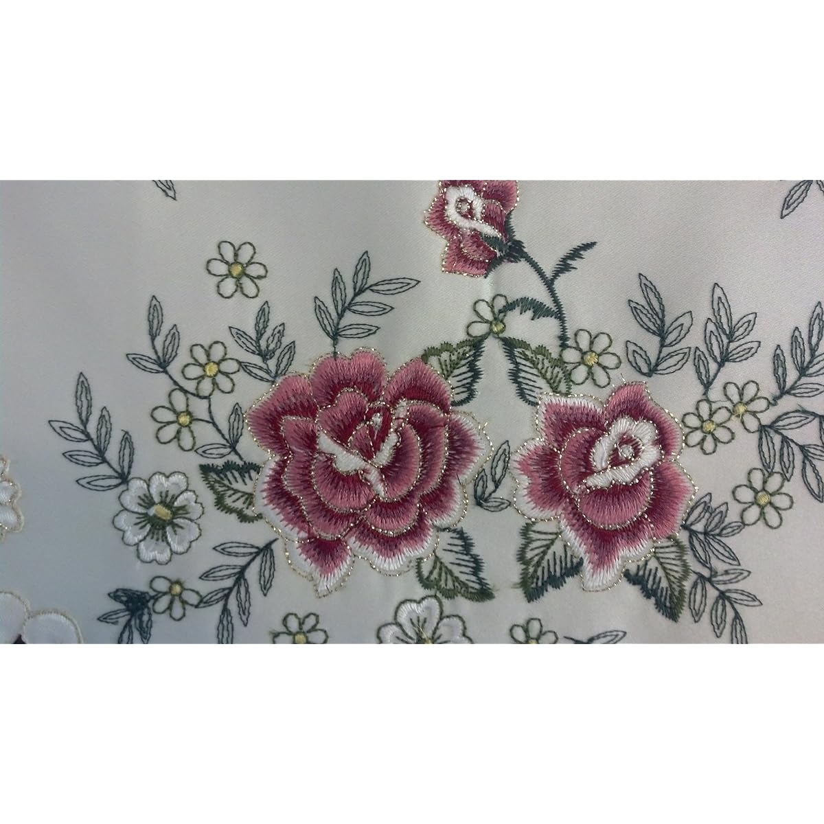 Table runner embroidered with a red burgundy rose on ivory fabric, size 70 x 15 inches