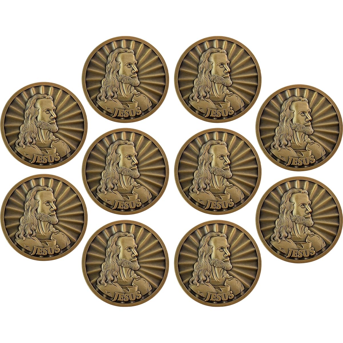 Jesus Coins Pack of 10 by Warner Salman Head of Christ Challenge Coin Easter Handout KJV Bible Verse Prayer Token Antique Gold Plated Catholic and Christian Religious Jesus Picture Coin