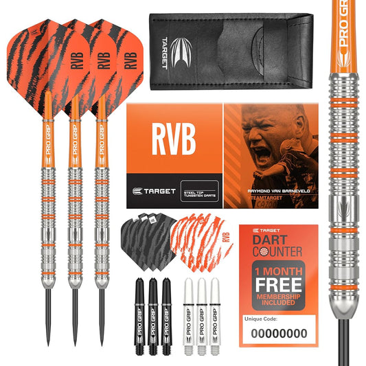 Target Darts Raymond Van Barneveld RVB 22G Tungsten Steel Tip Dart Set - 9 Pro Grip Shafts - 9 Pro Ultra Flight - Dart Wallet - Dart Counter App Coupon Bundle