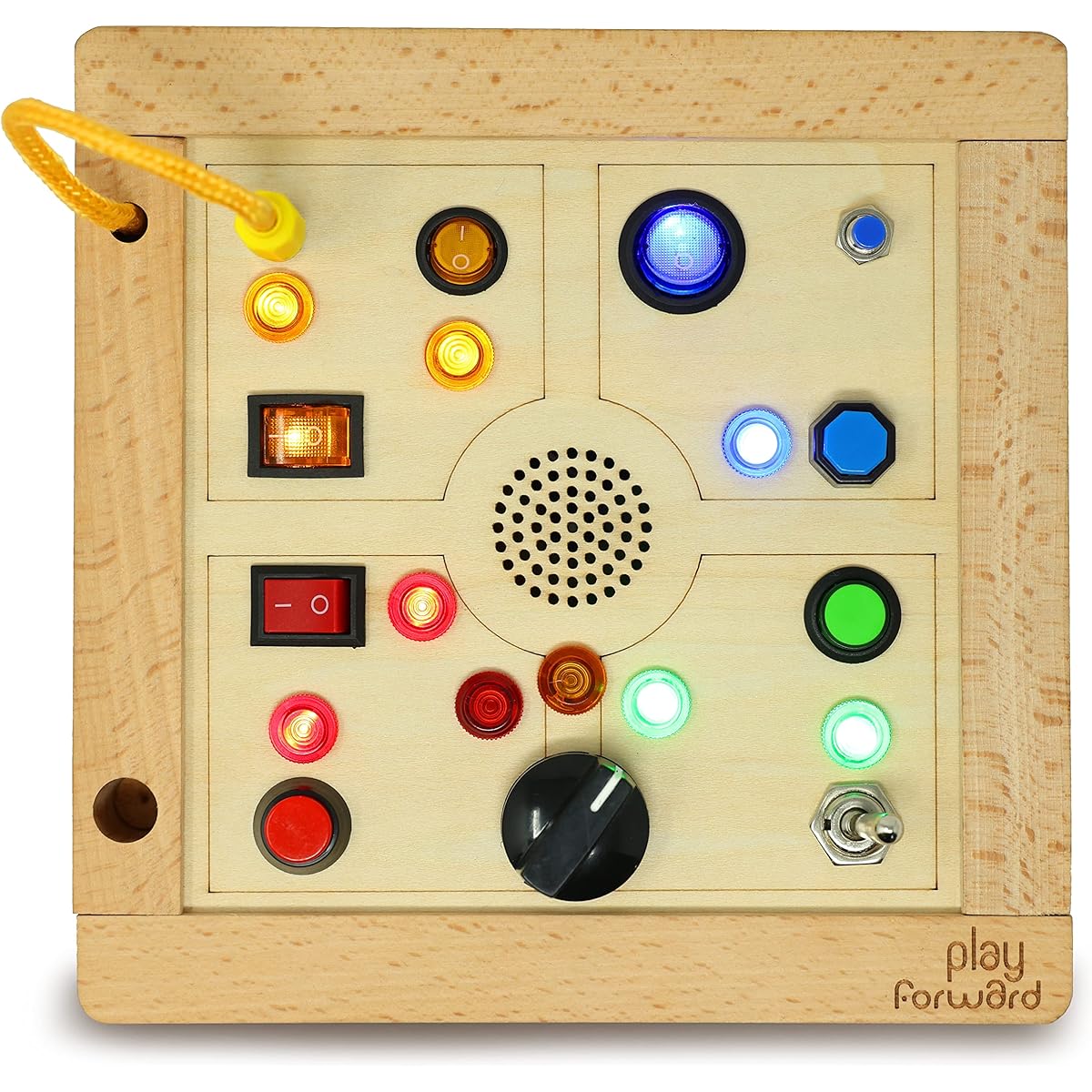 Play Forward Montessori Light Switch Toy for Toddlers - Interactive Busy Board with LED Lights - Sensory Toy for Kids on the Go - Easy Screen-Free Play - Includes Wooden Board for Kids 18 Months and Up
