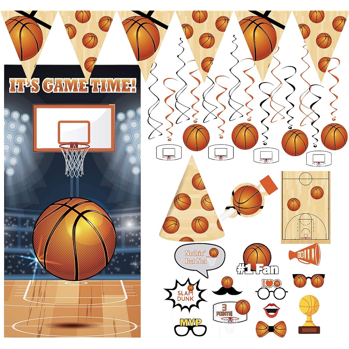 oojami Basketball Birthday Theme Party Pack - 30 Birthday Party Hats, 30 Blowouts, 30 Treat Bags, 30 DIY Photo Props, 12 Swirls, 14 Pennant Banners, 2 Backdrops, Perfect for Basketball Theme Birthday Party