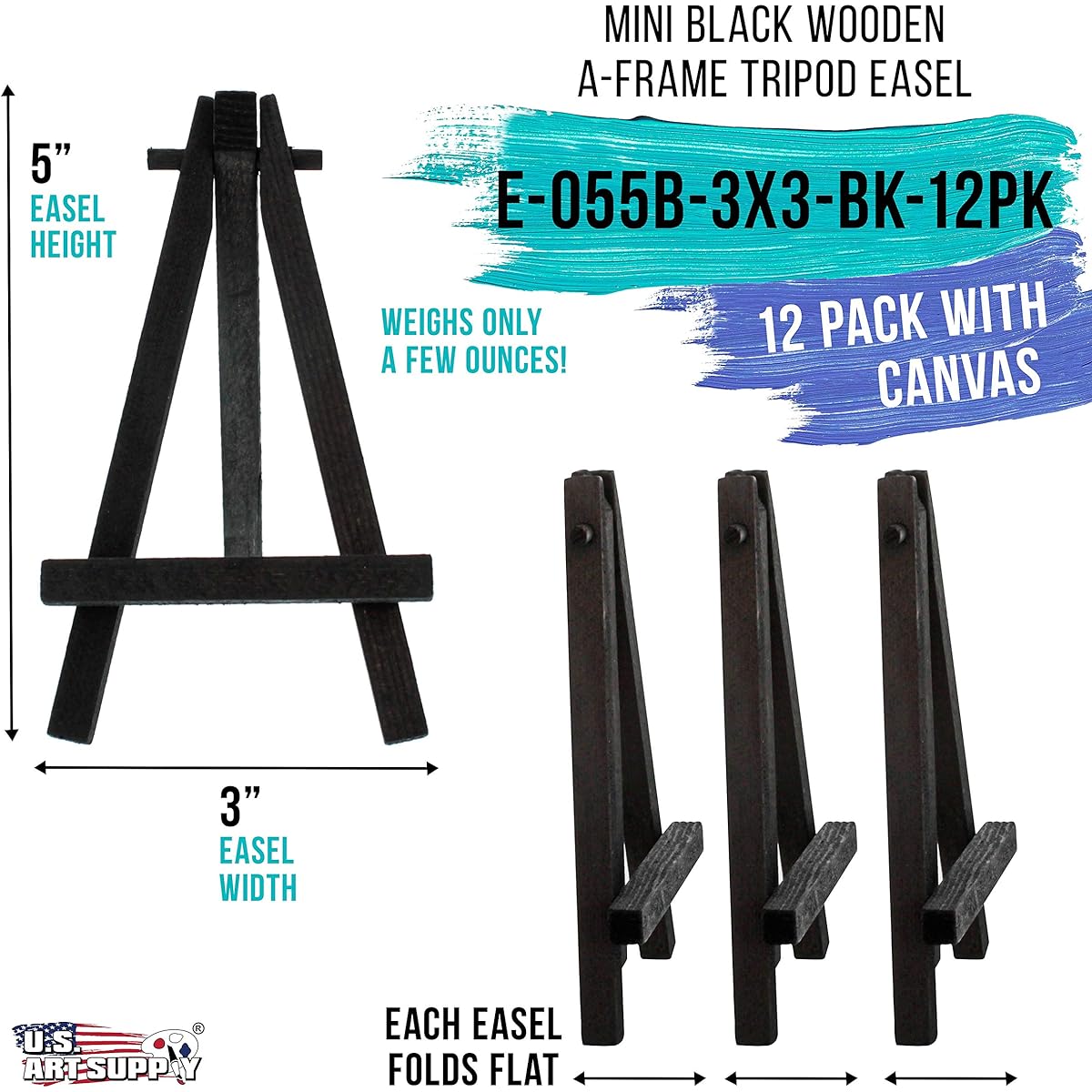 U.S. Art Supply 3" x 3" Stretched Black Canvas 5" Mini Black Wood Display Easel Kit (Pack of 12) Artist Tripod Tabletop Holder Stand Painting Party Kids Crafts Oil Painting Acrylic Paint Signed Photo