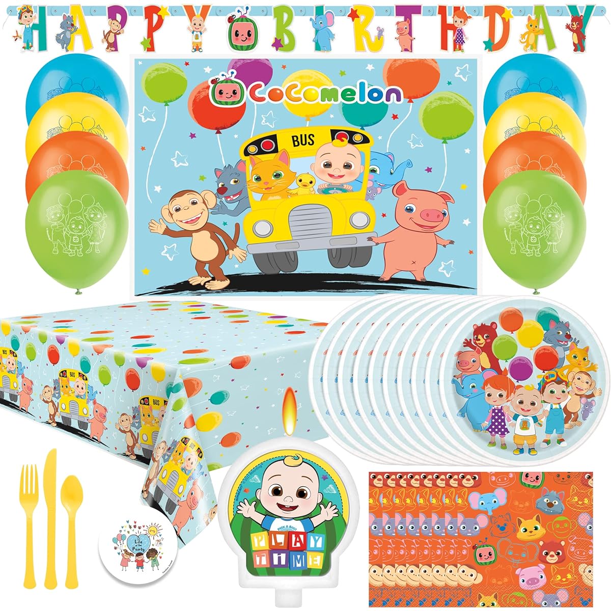 CoComelon Birthday Party Supplies for 16 People with Plates, Napkins, Cutlery, Table Cover, Candles, Scene Setter, Balloons, Birthday Banner and Pins
