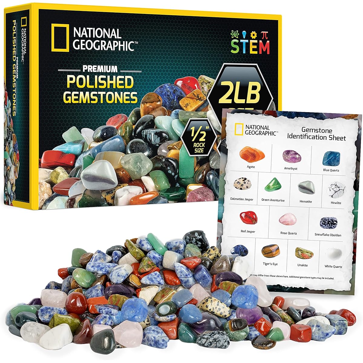 NATIONAL GEOGRAPHIC Premium Polished Stones 1/2 Inch Tumbled Stones and Crystals Bulk Arts and Crafts Rocks and Minerals Kit for Kids STEM Toys