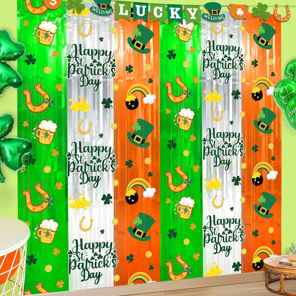 St. Patrick's Day Decoration Foil Fringe Curtains Green Silver Orange 2 Pack