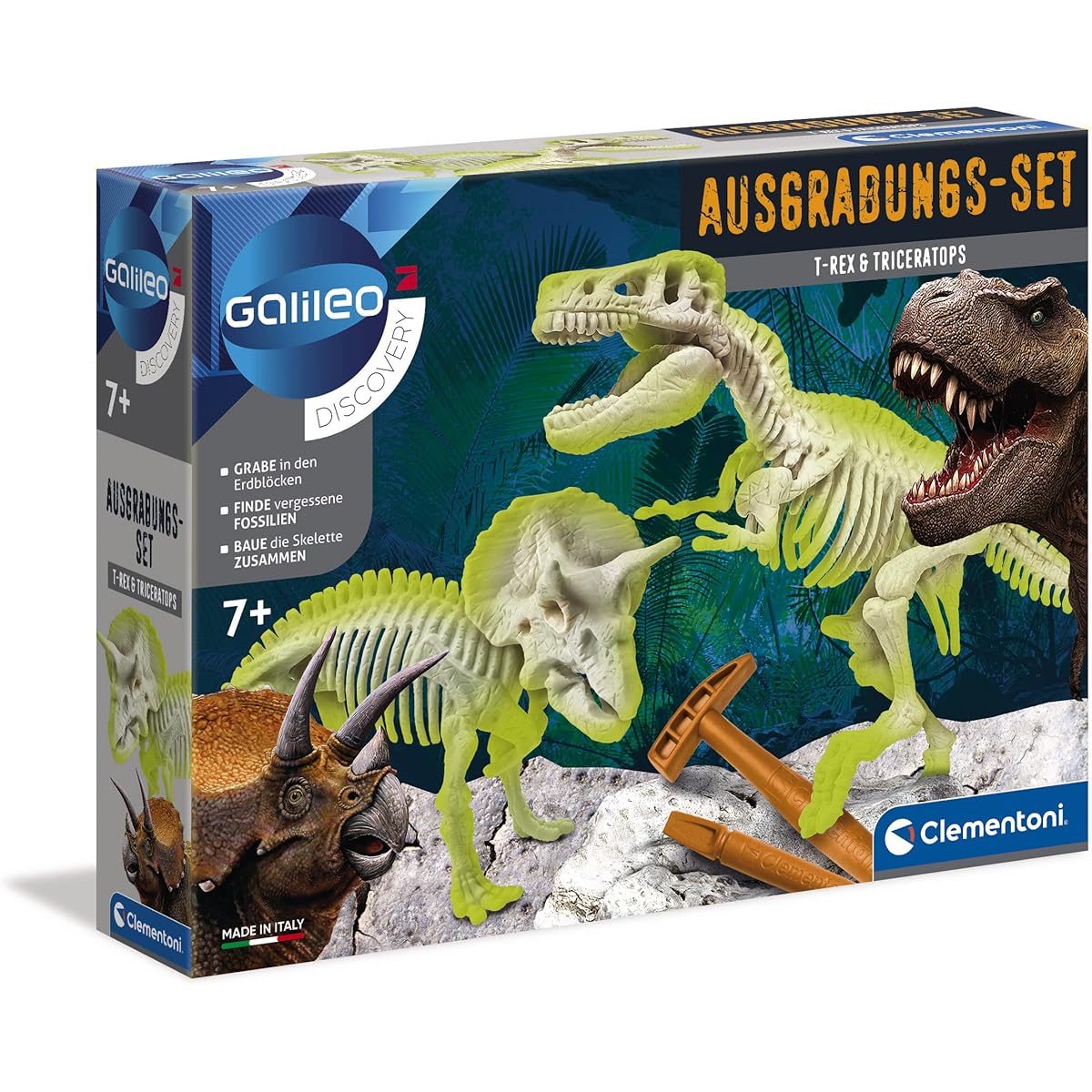 Clementoni 69408 Galileo Science Excavation Set T-Rex & Triceratops Toy for Ages 7+ Dinosaur Fossil Excavation with Hammer & Chisel for Little Researchers