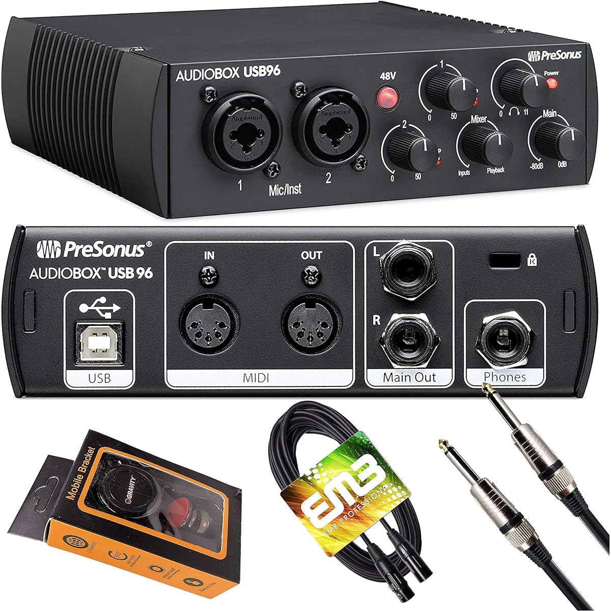 PreSonus AudioBox USB 96 Black USB Audio Interface 2 Channel 24-bit/96kHz USB 2.0 Recording Instrument/Mic Preamp with Gravity Magnetic Phone Holder and EMB XLR and 1/4" Cable Bundle