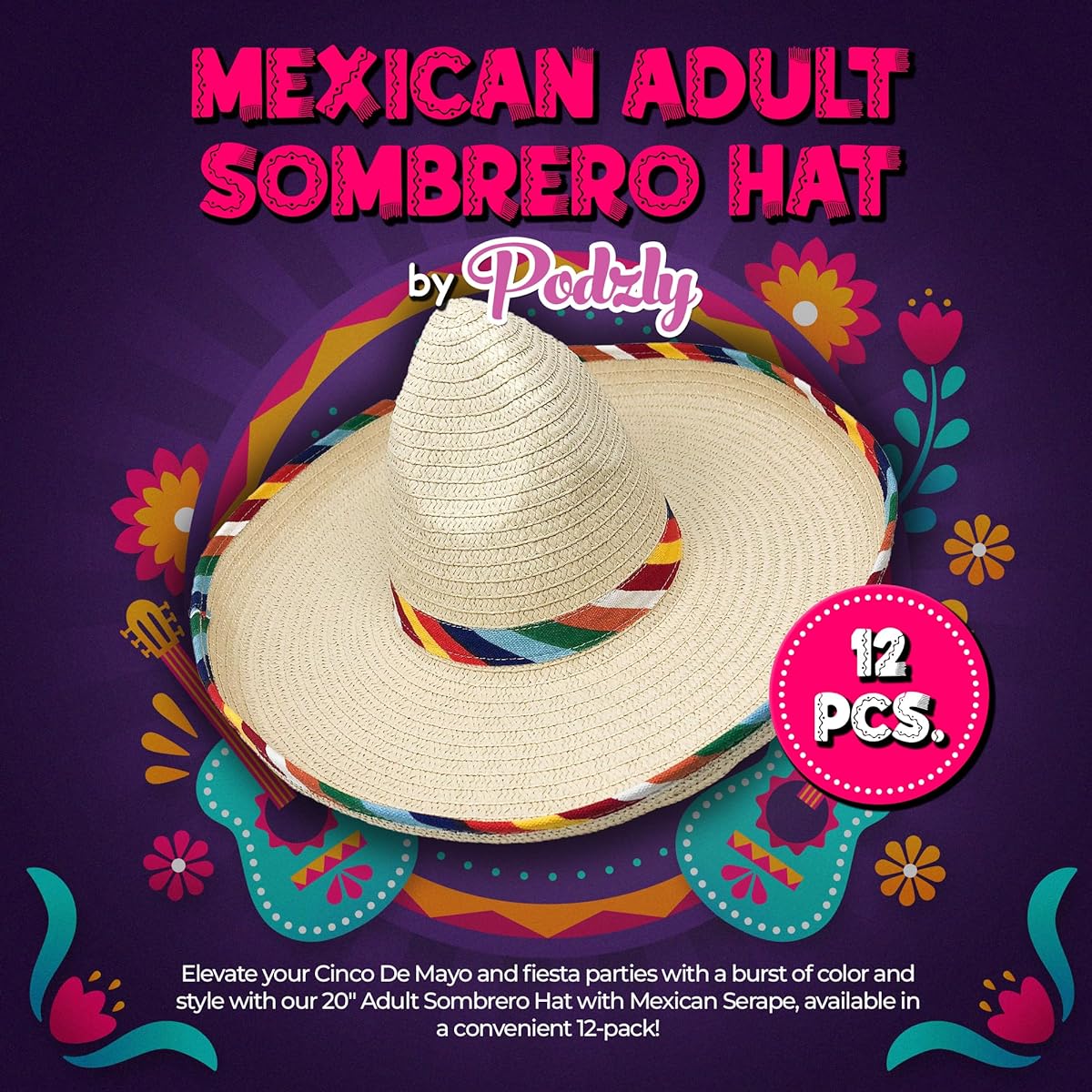 Podzly 12 Sombrero Hats with Mexican Serapes - 20" Mexican Hats for Men and Women - Sombreros for Birthdays, Cinco de Mayo, Fiesta and More Mexican Costumes & Decorations (1 Dozen, Tan)
