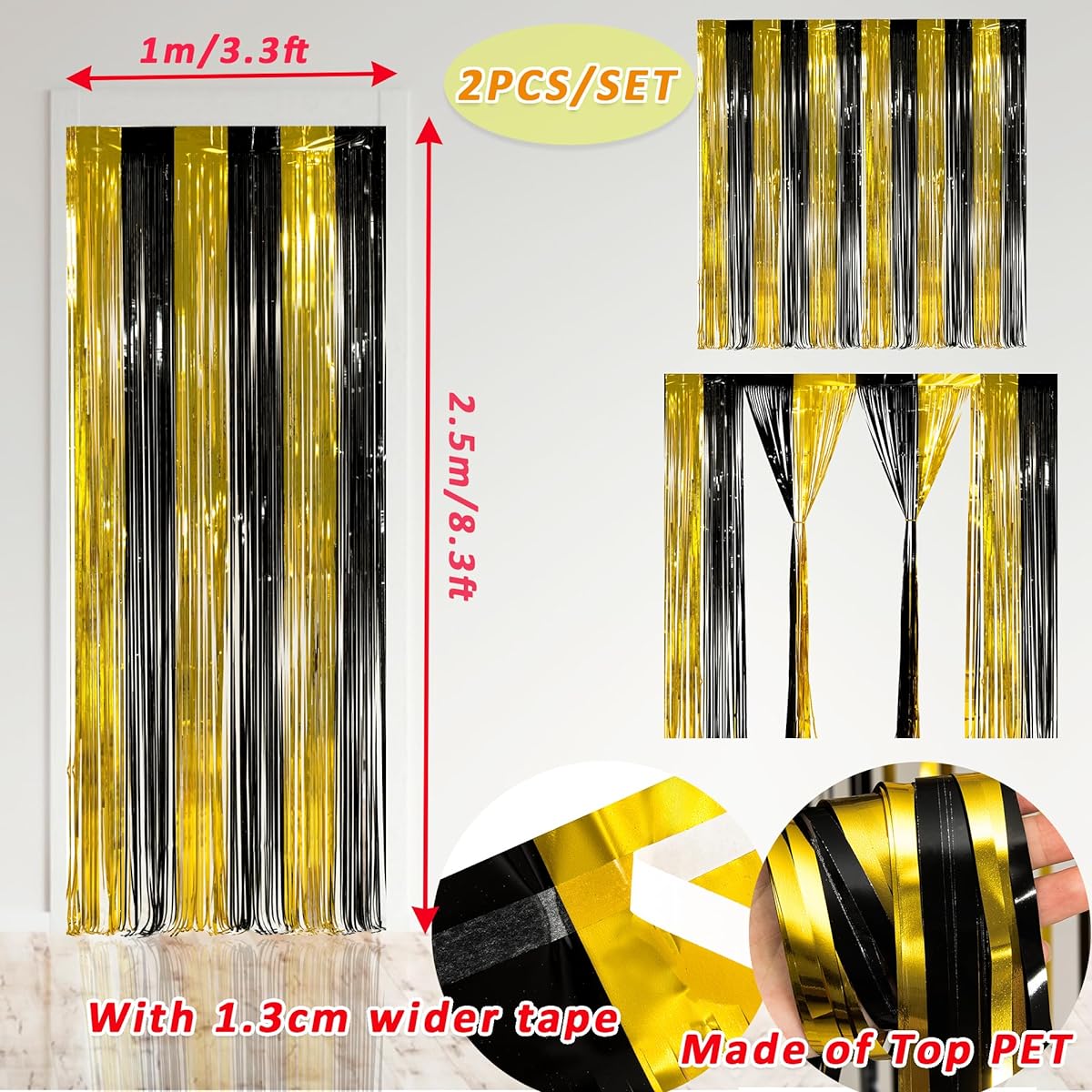 MALANKU 2 Pack Black and Gold Party Decorations - 3.3 x 8.5ft Gold Foil Fringe Curtains Black Tinsel Backdrop Photo Booth Props Birthday New Year Graduation Bachelorette Retirement Party Supplies