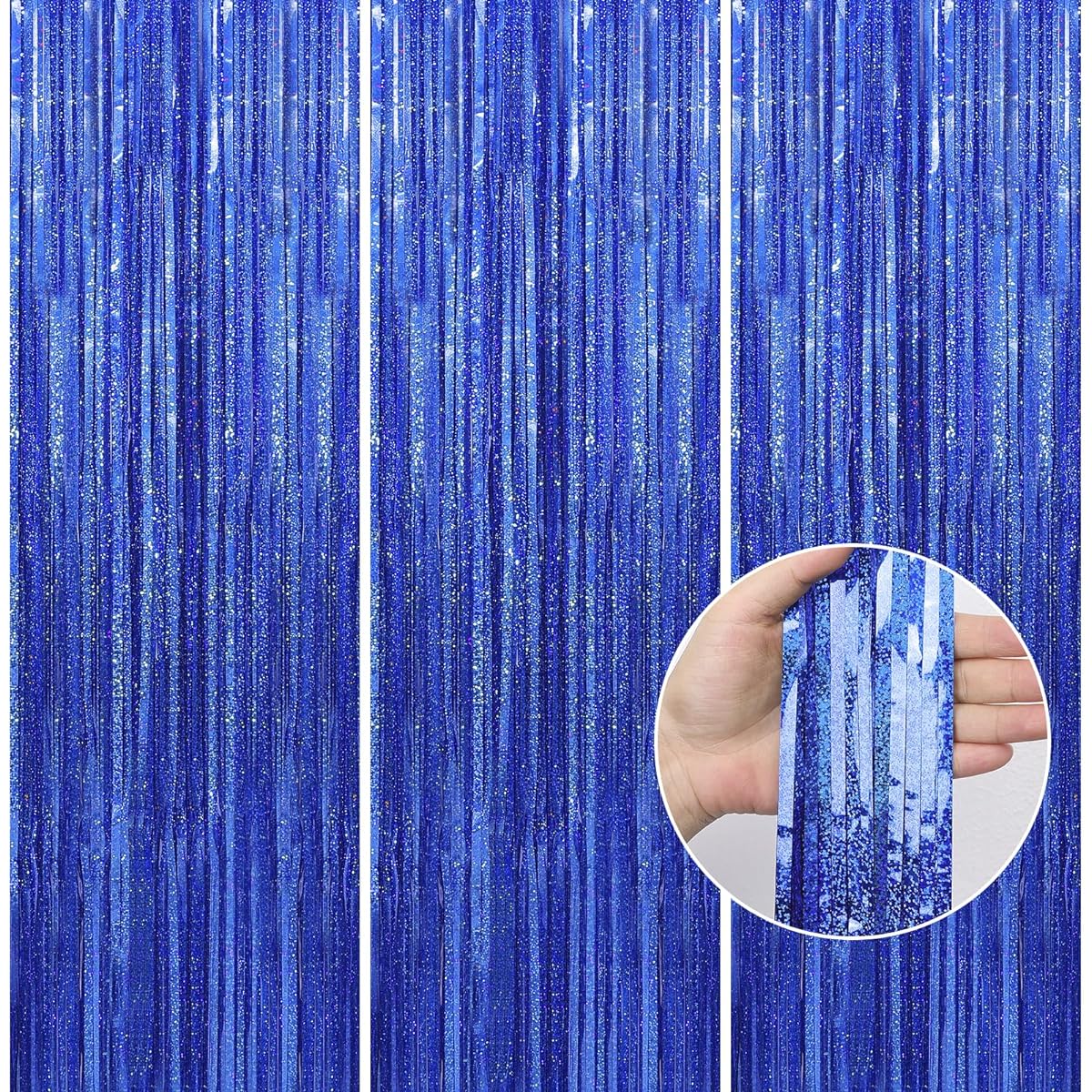 Crosize 3 Pack 3.3 x 10ft Dark Blue Foil Fringe Backdrop Curtains Streamers Birthday Party Decoration Tinsel Curtains for Party Galentine Decoration Preppy Photo Booth