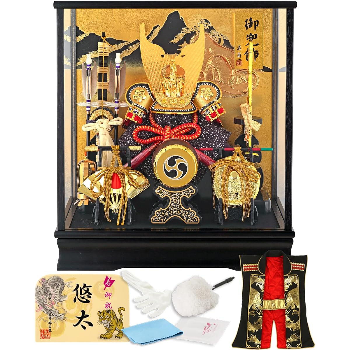 May doll by Fujio, helmet decoration, cased doll, Fugaku, landscape background, with music box, width 38 x depth 30 x height 47cm, h275-fncp-135-712-NA15