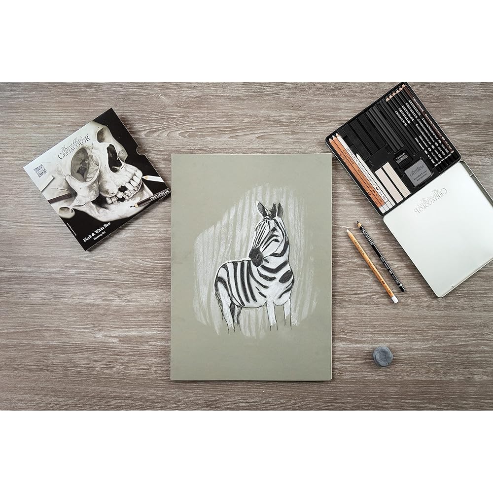 skull edition black and white drawing tin set by cretacolor includes 25 pieces of drawing materials featured in a sturdy metal tin