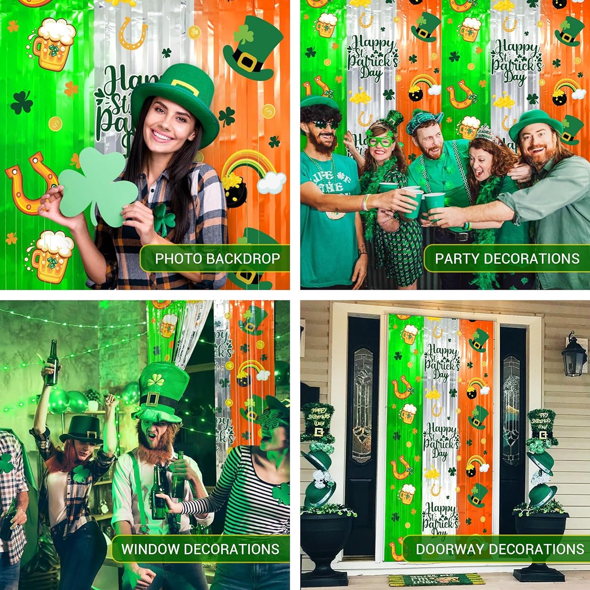 St. Patrick's Day Decoration Foil Fringe Curtains Green Silver Orange 2 Pack