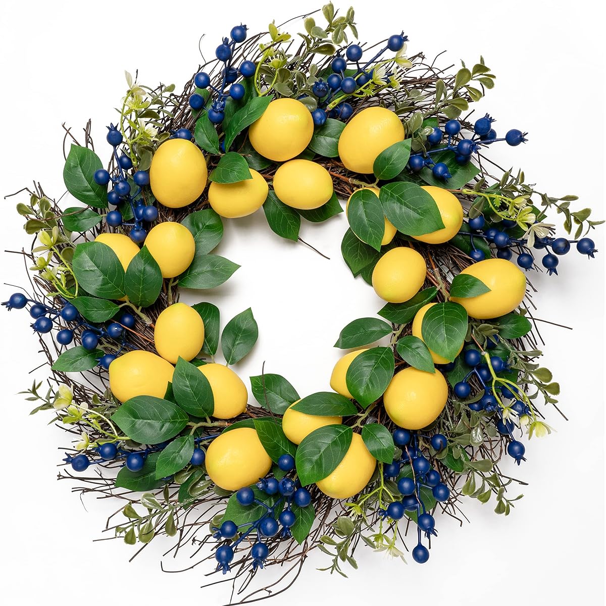 WangLaap Artificial Lemon Wreath - 22" Yellow Lemon and Blueberry Fall Wreath with Green Leaves for Front Door Wall Home Holiday Farmhouse Window Decor