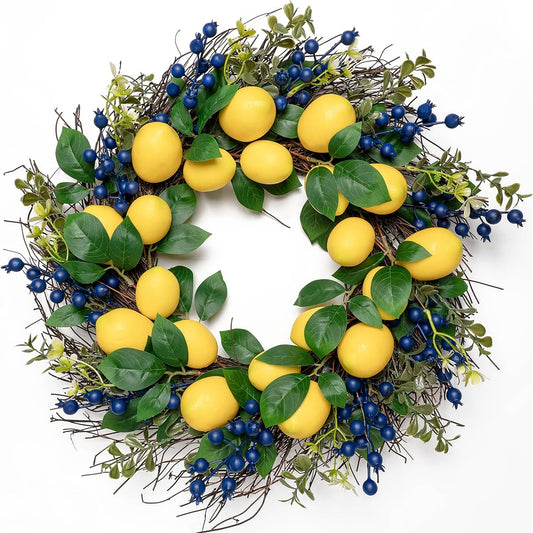 WangLaap Artificial Lemon Wreath - 22" Yellow Lemon and Blueberry Fall Wreath with Green Leaves for Front Door Wall Home Holiday Farmhouse Window Decor