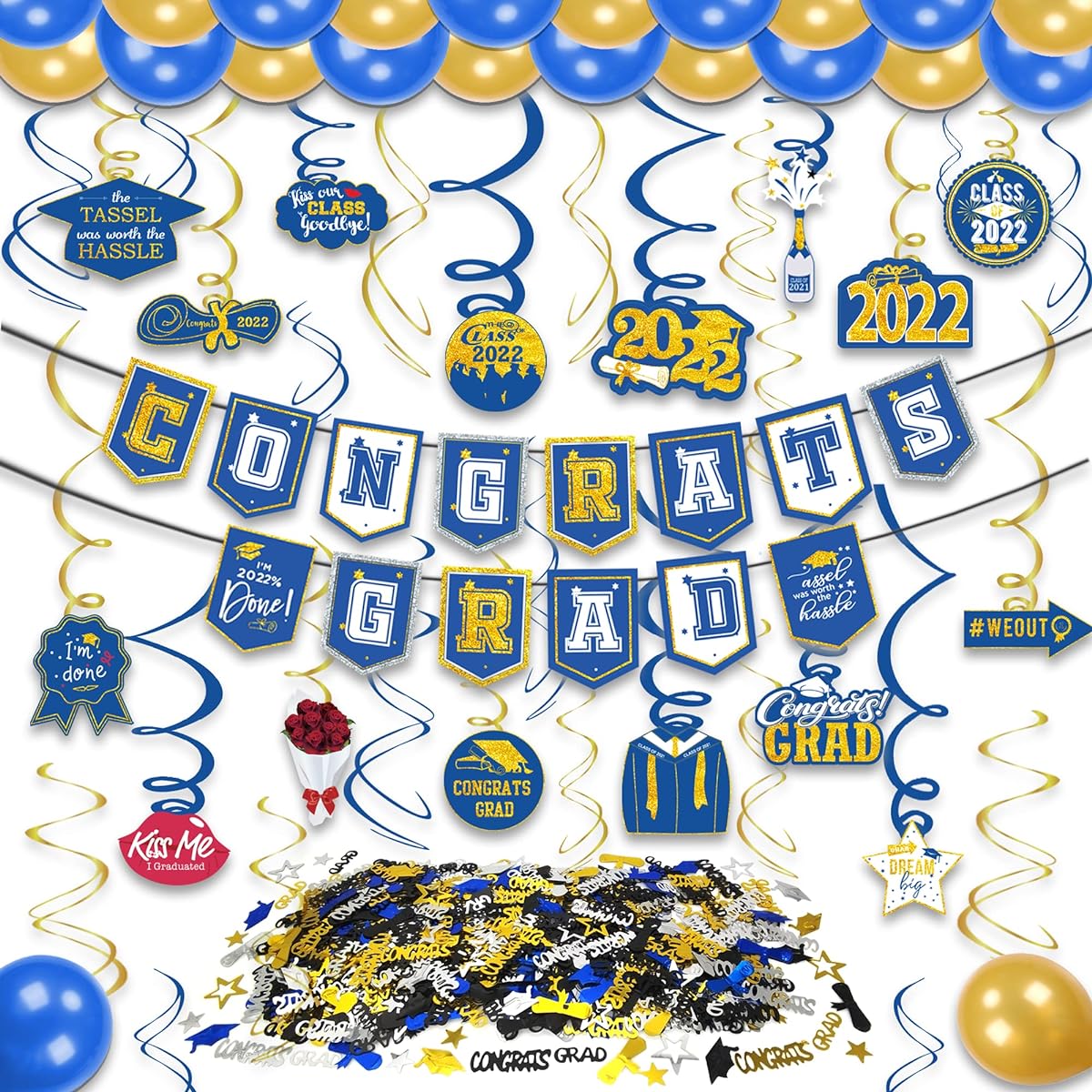 kortes Graduation Decorations Kit, Congratulations Graduation Banner Hanging Swirl, Graduation Confetti, Red and Black Balloons, Graduation Party Decorations Supplies (Blue and Gold)