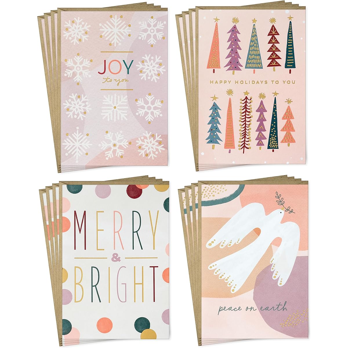 Hallmark Boho Boxed Christmas Card Assortment (16 Cards and Envelopes) Pastel Pink, Purple, Emerald Green, Dove