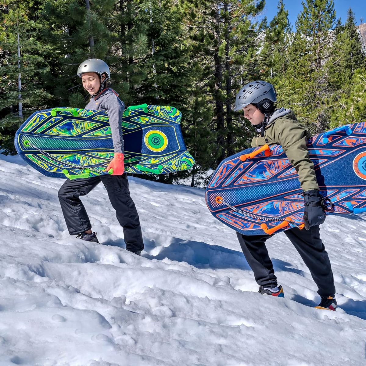 Sno-Storm Premium Foam Snow Sleds 2 Pack | Foam Recreational Snow Sleds | Tow Rope and Handles | Youth and Adult Sizes | Contoured Deck Design | 50" - 127cm Long |