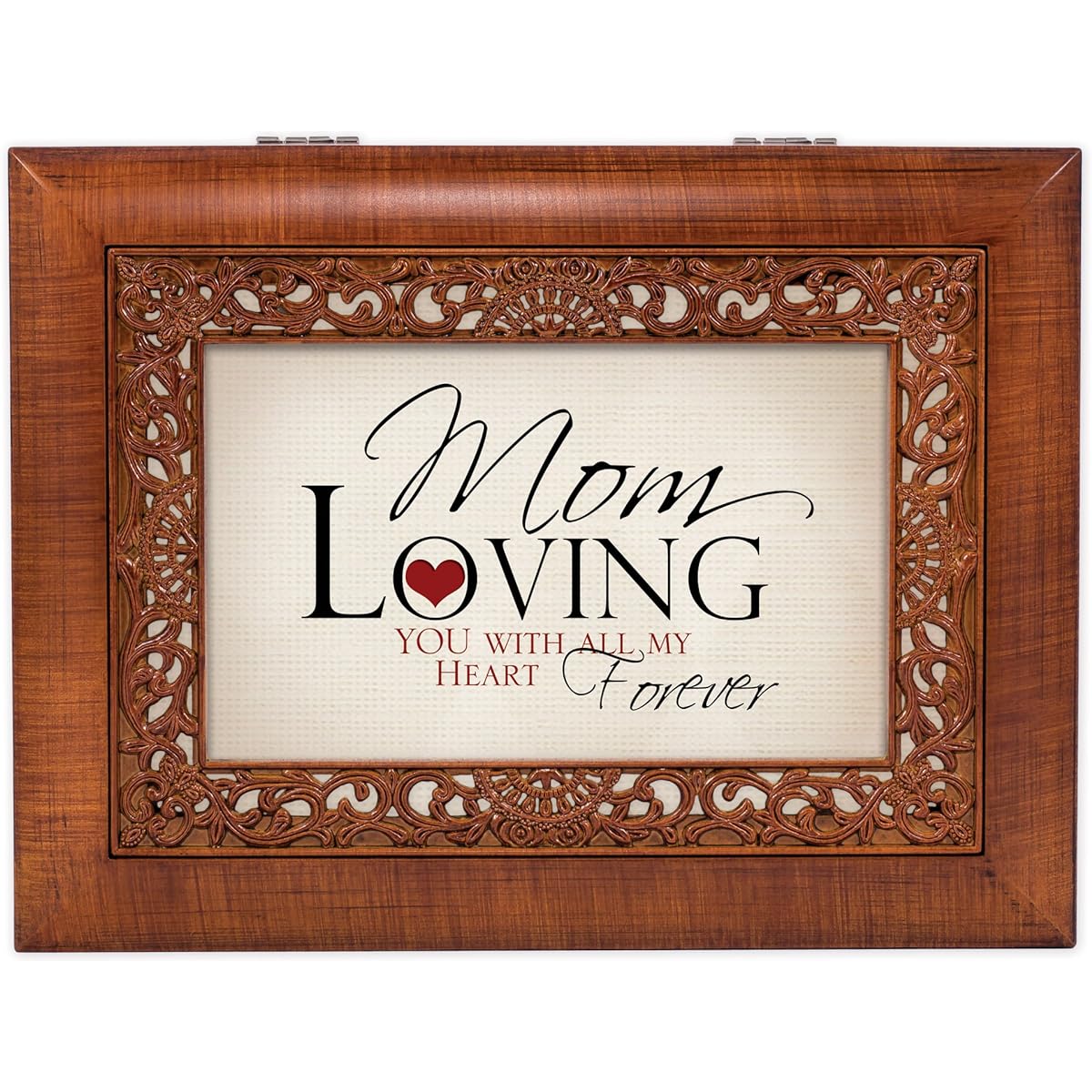 MOM Love Rich Wood Grain Finish with Ornate Inlay Music Jewelry Box - Plays Song All You Need Is Love