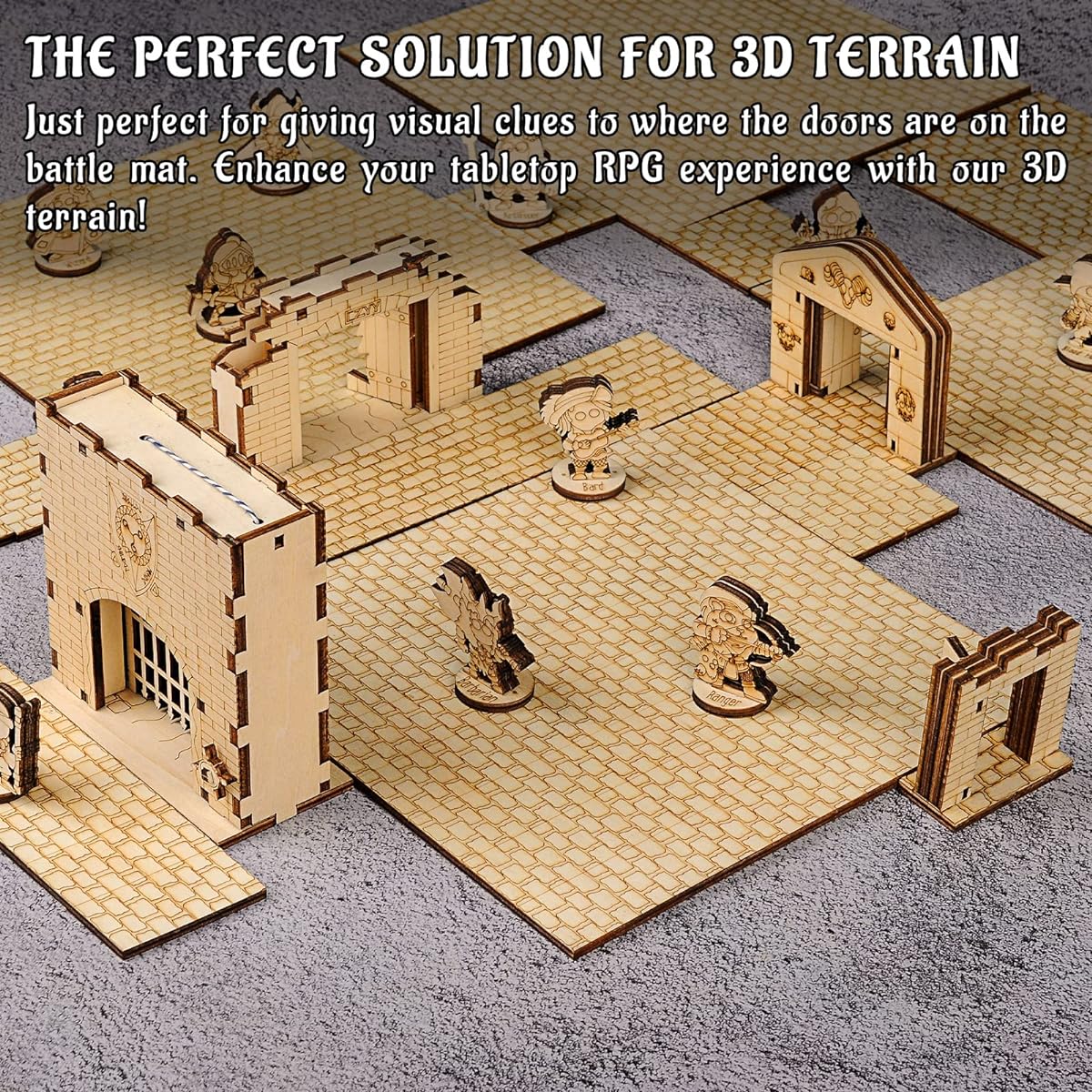 Dungeon Doors & Portcullis Gates Miniatures (Set of 4) Wood Laser Cut Opening Fantasy Terrain 28mm Scale for Dungeons & Dragons Pathfinder D&D and Other Tabletop RPGs