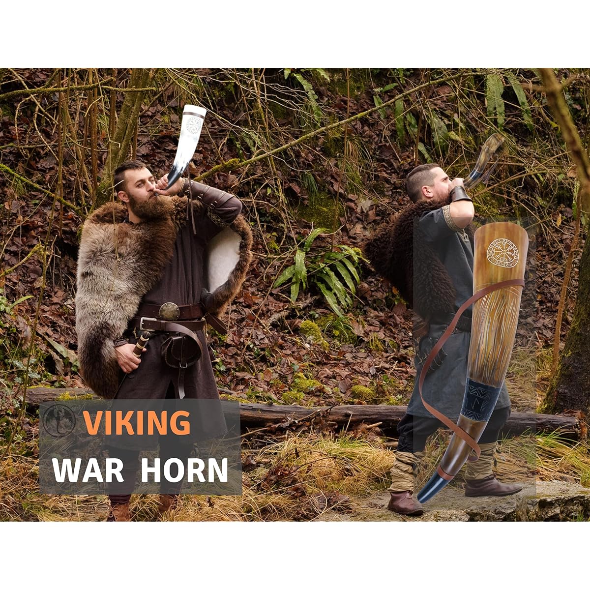 Viking War Blowing Horn | 18" Real Cow Battle Trumpet with Leather Strap Hand Carved | Easy and Clear Sound | Gift Bag