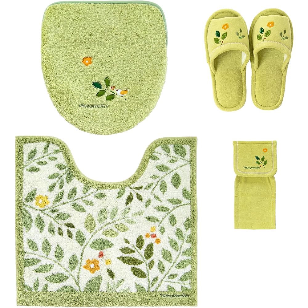 Toilet mat 4-piece set Green Scandinavian toilet mat + suction type lid cover + paper holder cover + slippers Made in Japan Green Oka Sunleaf