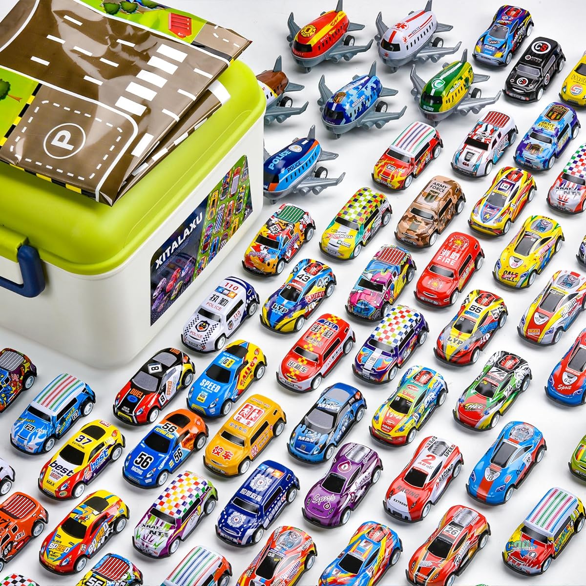 XITALAXU Pull Back Race Car Toys with Storage Box, Alloy Diecast Race Push & Pull Back Cars Friction Powered Cars & Planes Bulk for 3 4 5 6 7 Year Old Kids, Great Gift for Boys and Girls (69 Pieces)
