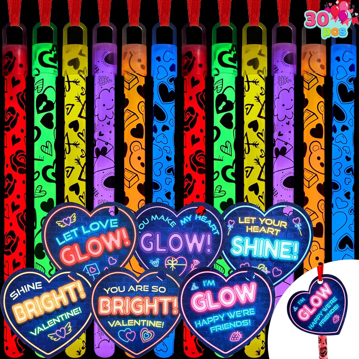 JOYIN Valentine's Day Gift Cards with Bright Large Glow Sticks, Valentine Party Favors, Waterproof Glow Sticks, Valentine Classroom Exchange Toys, Valentine School Classroom Favors, Pack of 30