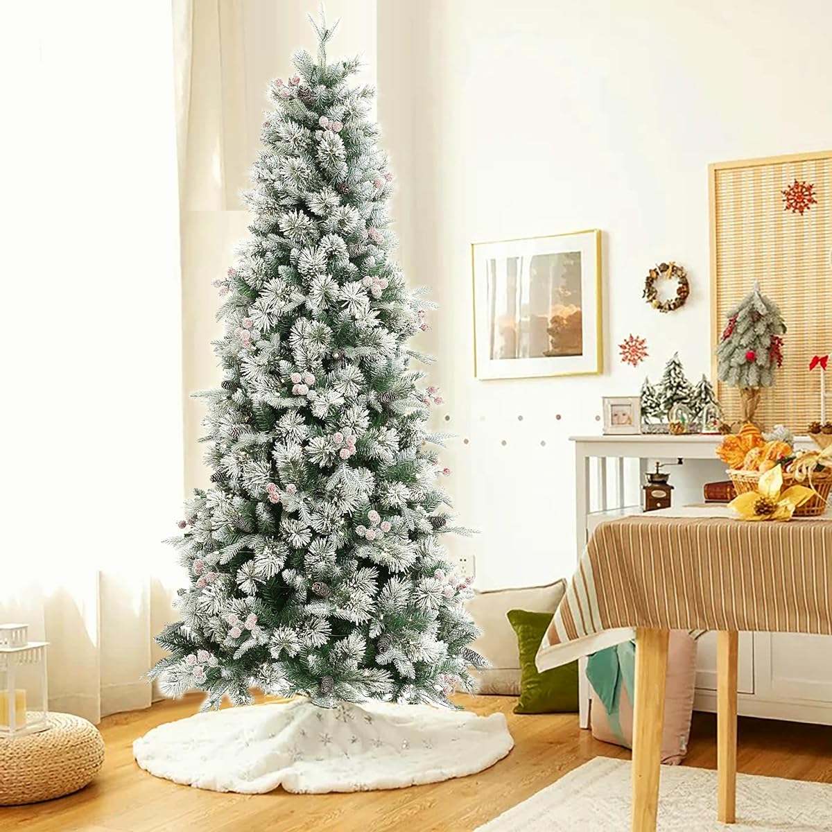 Luxenhome 6.5ft Artificial Christmas Tree Pre-Lighted Flocked with Berries and Pine Cones