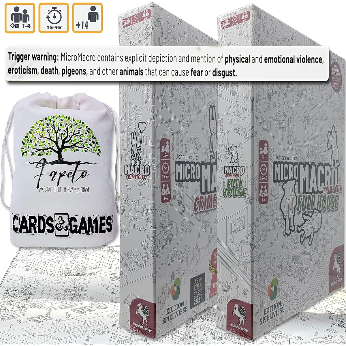 Detective Cooperative Board Game Crime City and Crime City Full House Bundle with Random Color Drawstring Bag and Random Color Marker Token Pack Compatible with MicroMacro Crime City Games