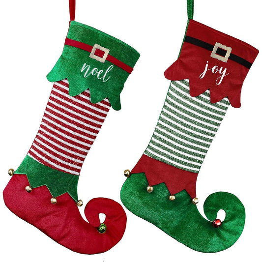 Valery Madelyn 23" 2 Pack Elf Christmas Stocking Decorations with Belt Cuffs and Bells Tree Skirt (Not Included)