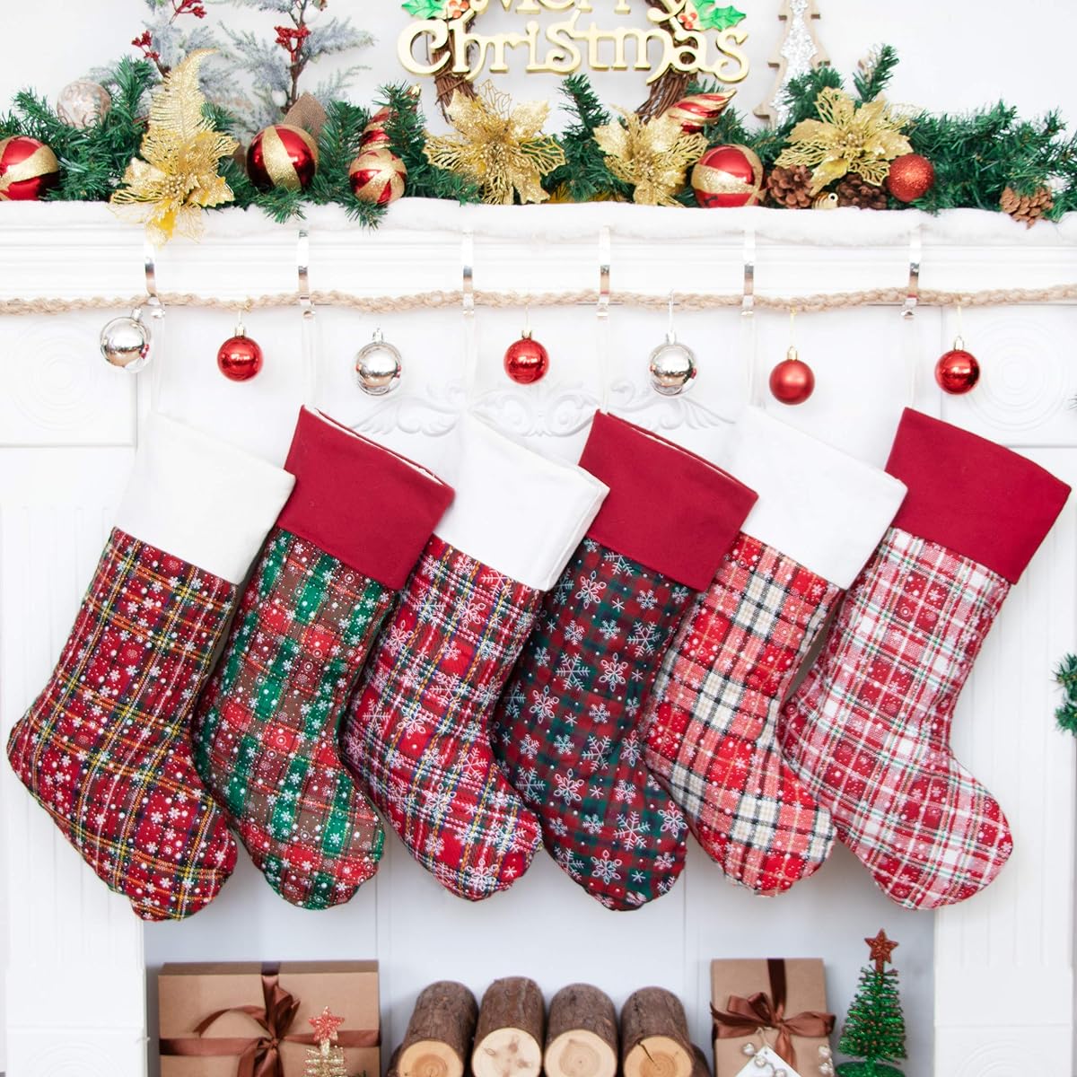LUBOT Christmas Stockings (20 Inch) Plaid Snowflake Canvas Fireplace Hanging Christmas Stockings for Family Decorations Holiday Party Decor, Pack of 6