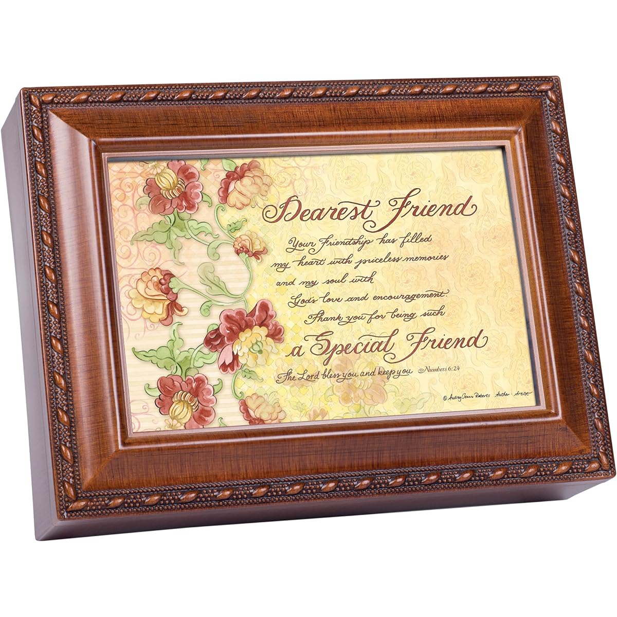 Cottage Garden Dearest Friend Fill My Heart Wood Grain Rope Trim Jewelry Music Box Playing Jesus' Friends