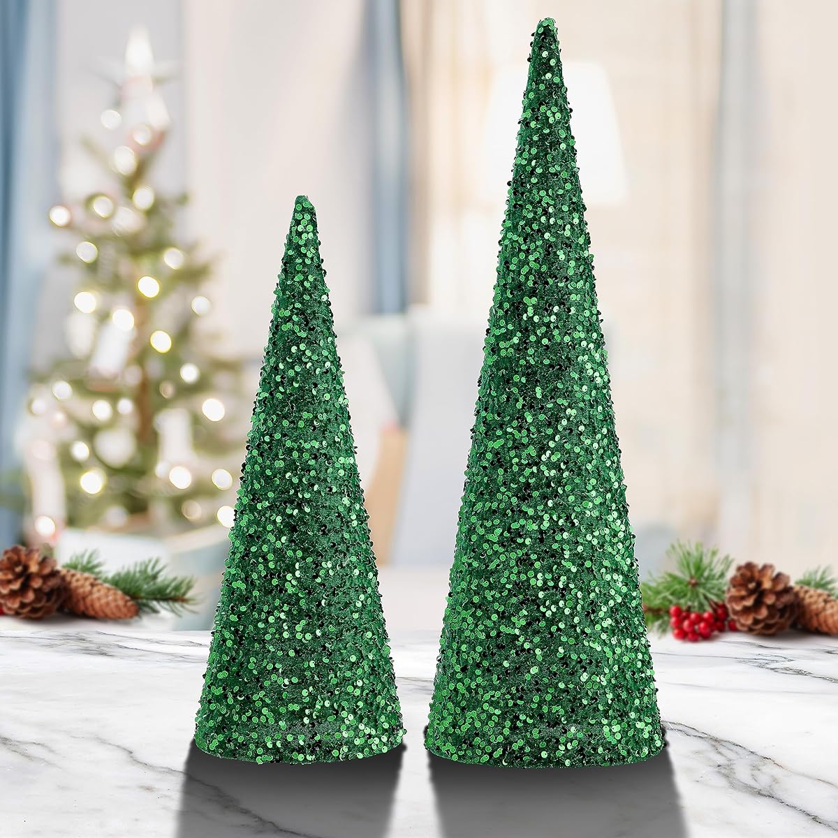 Regency International Sequin Cone Trees, 18-24 Inch, Set of 2, Green