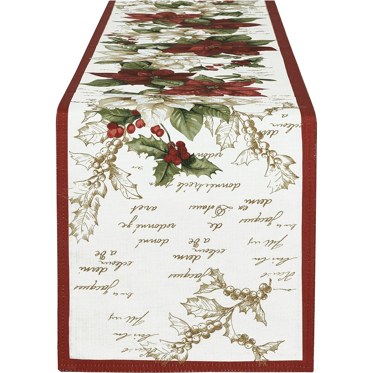 Newbridge Presley Red and White Poinsettia Double Border Christmas Table Runner, Country Cottage Print, Easy Care Stain Remover Table Runner - 70 Inch Long Table Runner