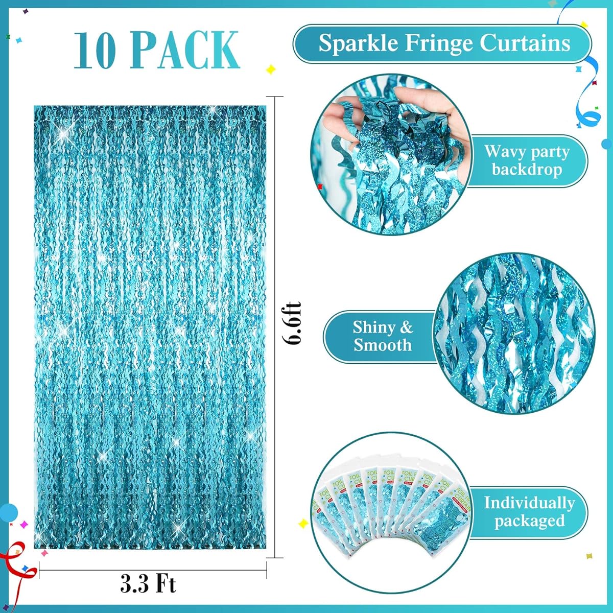 Newwiee 10 Pieces Wavy Tinsel Foil Fringe Curtains 3.3ft x 6.6ft Metallic Foil Fringe Backdrop Streamer Tinsel Backdrop Ocean Sea Theme Birthday Bachelorette Party Photo Props Decor (Blue Green)