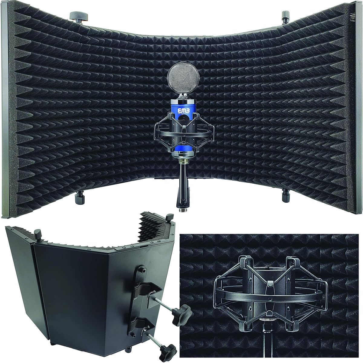 EMB Microphone Isolation Shield - Black - Foldable 3/8" Mic Thread Mount with High-Density Absorbent Foam Front & Vented Metal Backplate - Stage Right