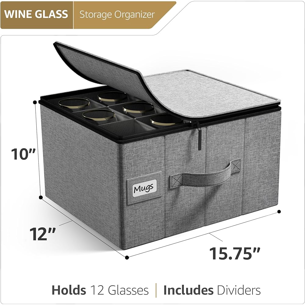 Sorbus Stemware Storage Chest - Deluxe Padded Case with Dividers - Serves 12 - Perfect for Protecting and Carrying Wine Glasses, Champagne Flutes, Goblets, etc. Gray STRG-GLSFA